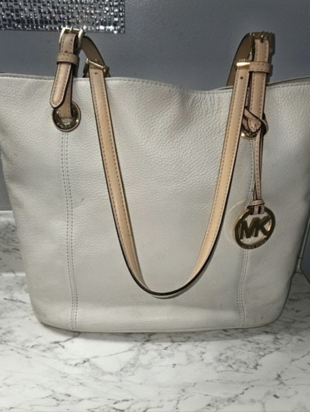Michael Kors Cream-White Pebbled Leather Tote with Gold MK Charm